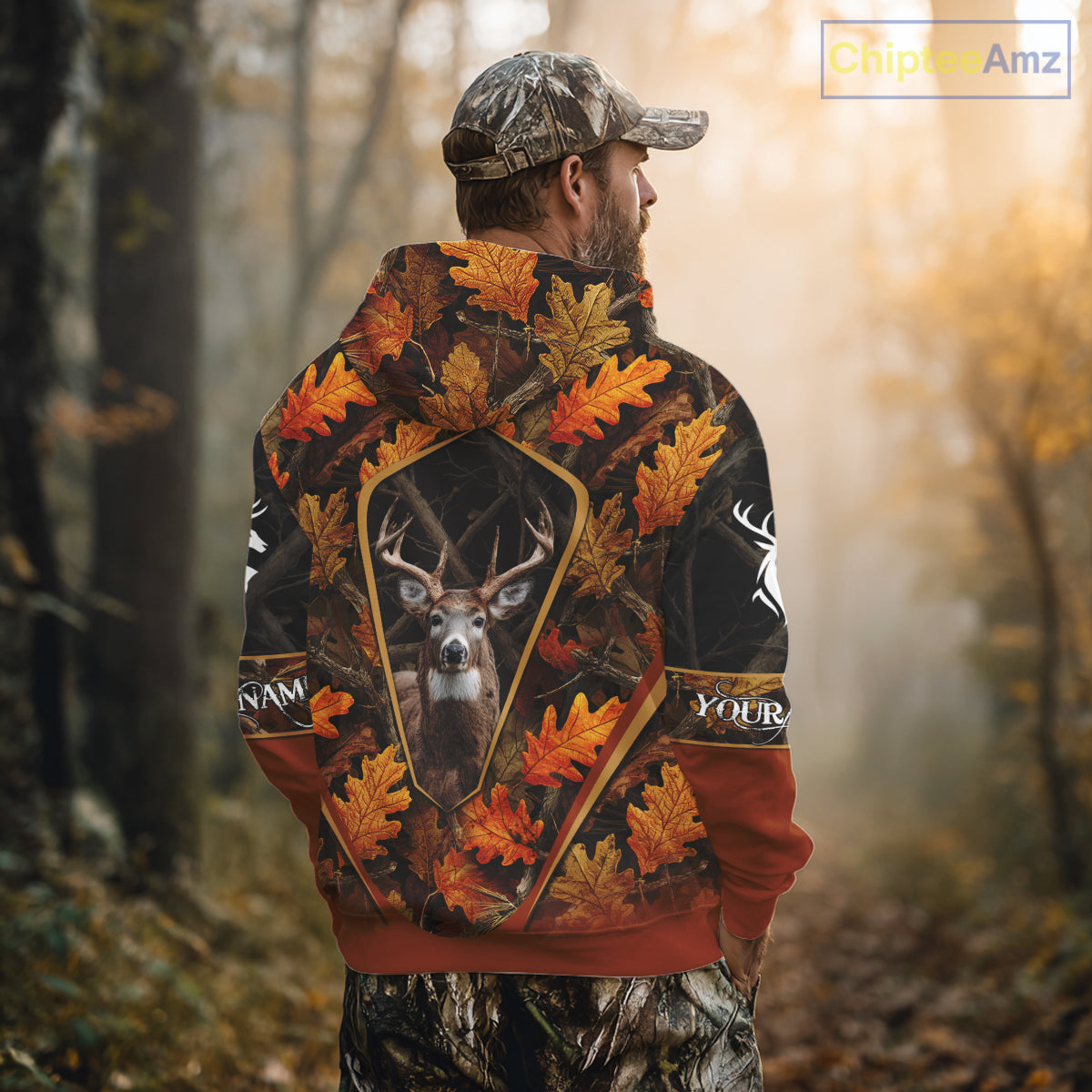 Personalized Whitetail Deer Hunting 3D All Over Printed Hoodie Orange Autumn Leaves Camo NHT43