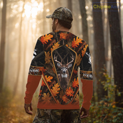 Personalized Whitetail Deer Hunting 3D All Over Printed Hoodie Orange Autumn Leaves Camo NHT43