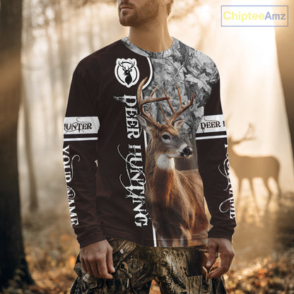 Deer Hunting Shirt Personalized 3D All Over Print Brown With Gray Camo Hunting Clothes NHT60