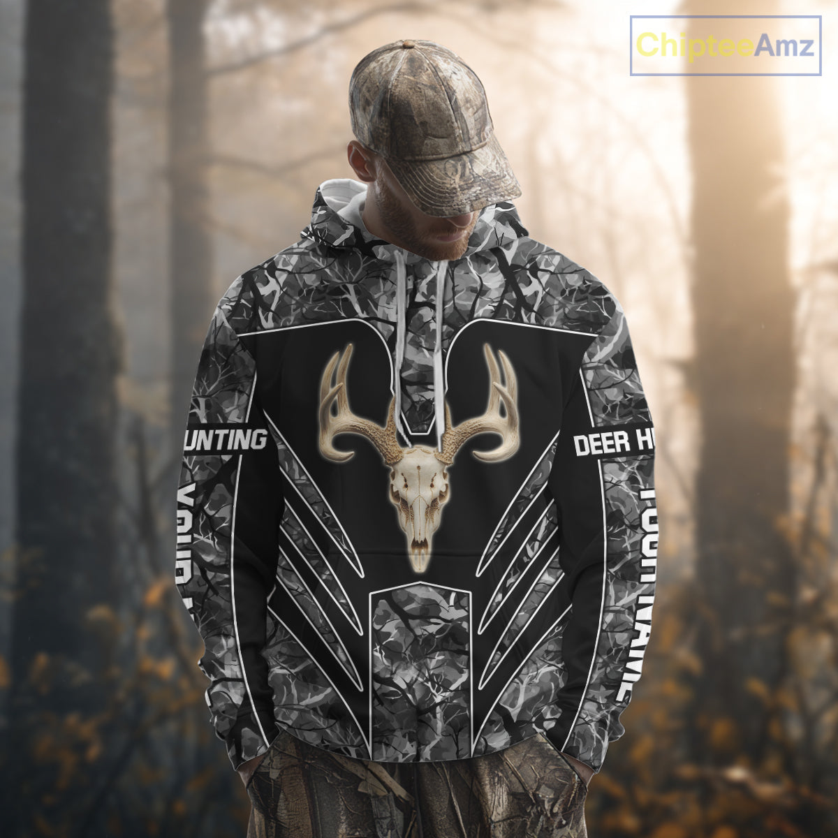 Beautiful Gray Black Camo Deer Hunting Shirt With Skull Print And US Flag Hunting Gifts NHT68