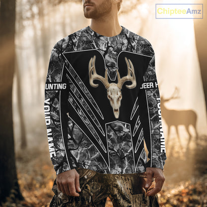 Beautiful Gray Black Camo Deer Hunting Shirt With Skull Print And US Flag Hunting Gifts NHT68