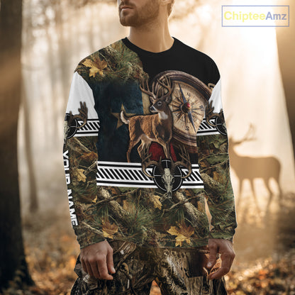 Deer Hunting Shirt Compass Design Forest Camo Custom Name Whitetail Deer Hunting Clothes NHT85