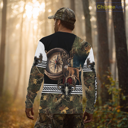Deer Hunting Shirt Compass Design Forest Camo Custom Name Whitetail Deer Hunting Clothes NHT85