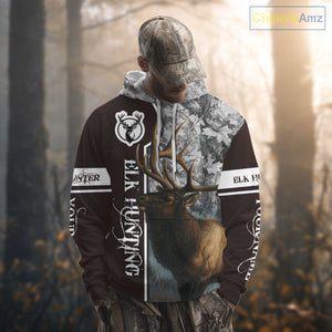 Elk Hunting Shirt Personalized 3D All Over Print Brown With Gray Camo Hunting Clothes NHT99