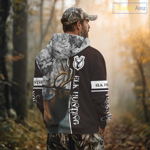 Elk Hunting Shirt Personalized 3D All Over Print Brown With Gray Camo Hunting Clothes NHT99