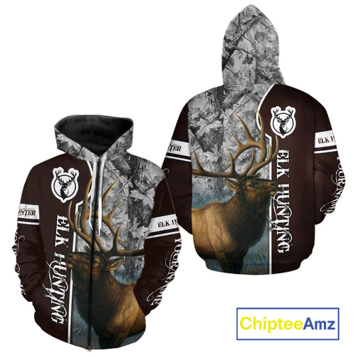 Elk Hunting Shirt Personalized 3D All Over Print Brown With Gray Camo Hunting Clothes NHT99