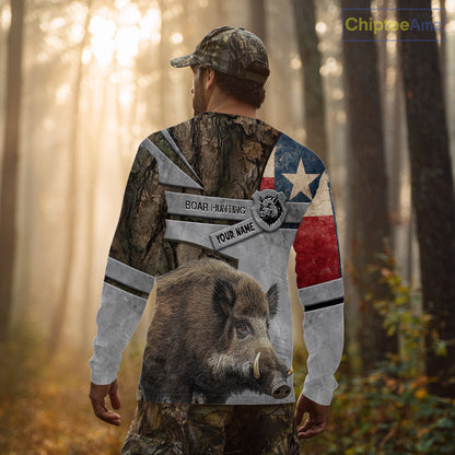 Best Wild Boar Hunting Camouflage TX Flag Custom Name Shirts for Hunter Gift For Hunter NHT107