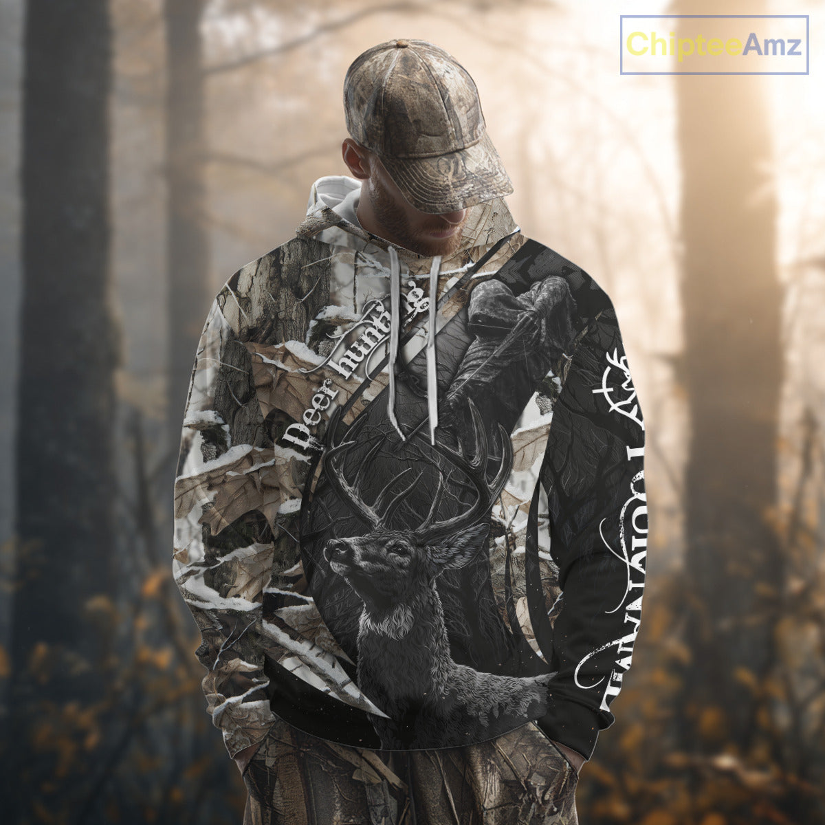 Custom 3D Deer Hunting Shirt With Black Deer Grim Reaper Winter Camo For Deer Hunting Season NHT74