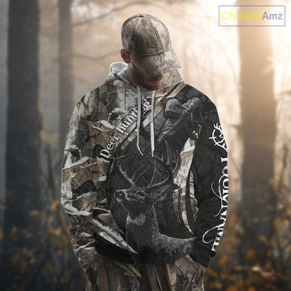 Custom 3D Deer Hunting Shirt With Black Deer Grim Reaper Winter Camo For Deer Hunting Season NHT74