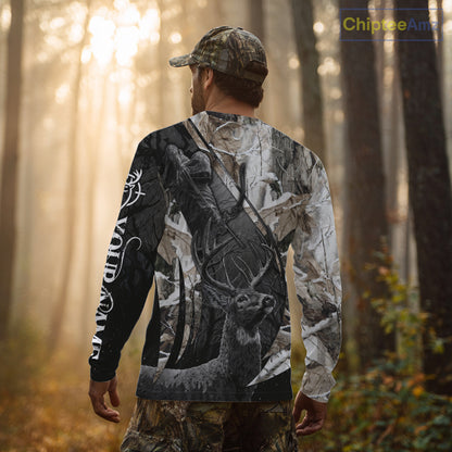 Custom 3D Deer Hunting Shirt With Black Deer Grim Reaper Winter Camo For Deer Hunting Season NHT74