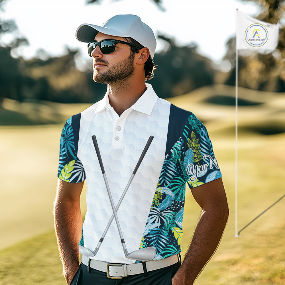 Personalized Green Tropical Plants Pattern Mens Golf Polo Shirts Custom Mens Golf Tops NHT689