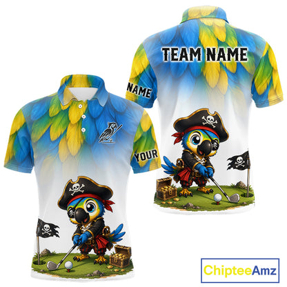 Personalized pirate parrot mens golf polo shirt, custom pirate bird golf jersey, front view.