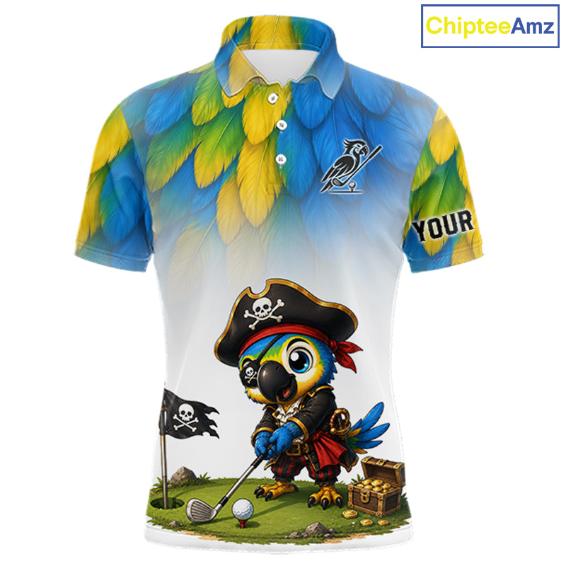 Personalized pirate parrot mens golf polo shirt, custom pirate bird golf jersey, front view.