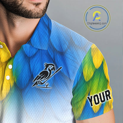 Close up of personalized pirate parrot mens golf polo shirt, custom name area, breathable polyester fabric.