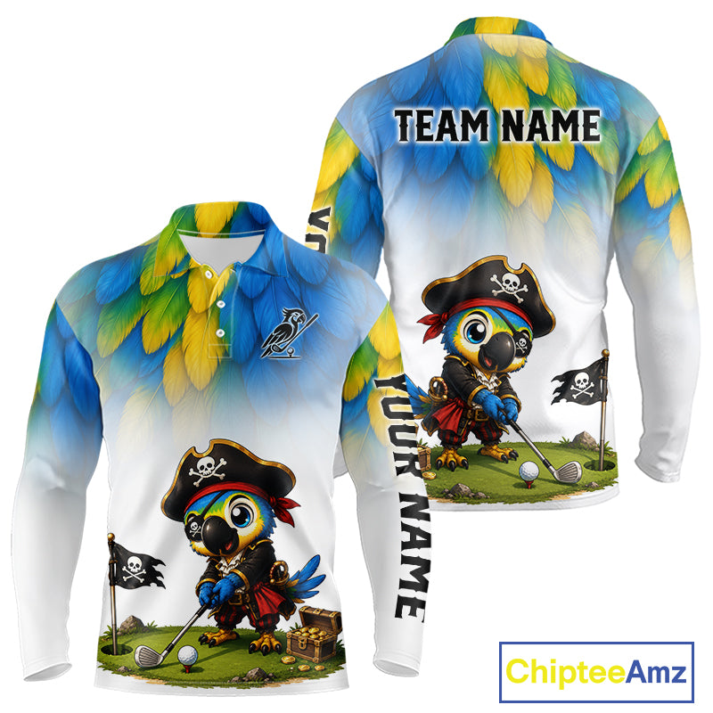 Custom pirate bird golf jersey for men, personalized pirate parrot design, side view.