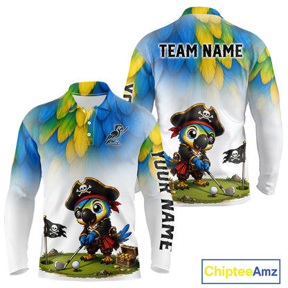 Custom pirate bird golf jersey for men, personalized pirate parrot design, side view.