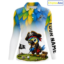 Load image into Gallery viewer, Custom pirate bird golf jersey for women, personalized pirate parrot design, side view.