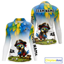 Load image into Gallery viewer, Custom pirate bird golf jersey for women, personalized pirate parrot design, side view.