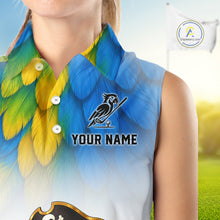 Load image into Gallery viewer, Close up of personalized pirate parrot womens sleeveless golf polo, detail of custom text area for name and team.