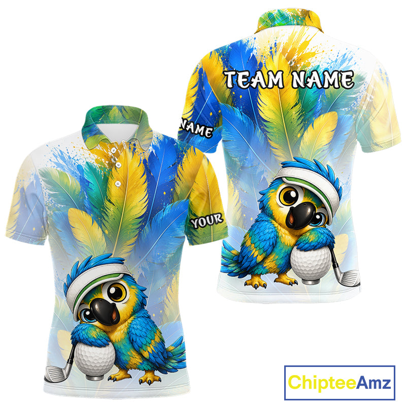 Personalized parrot mens golf polo shirt, cute bird hugging golf ball, front view.