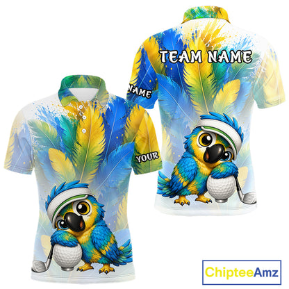 Personalized parrot mens golf polo shirt, cute bird hugging golf ball, front view.
