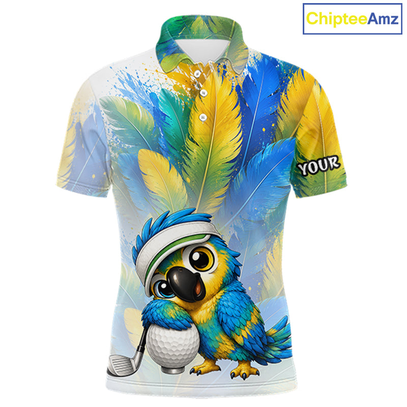 Personalized parrot mens golf polo shirt, cute bird hugging golf ball, front view.