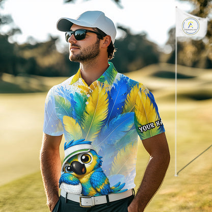 Cute bird hugging golf ball printed mens golf polo shirt, personalized golf outfit, side view.