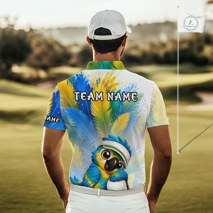 Cute bird hugging golf ball printed mens golf polo shirt, personalized golf outfit, side view.