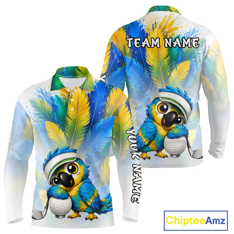 Mens golf polo shirt with parrot hugging golf ball design, custom name and team, golf lover gift.