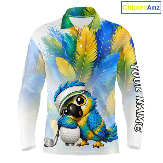Mens golf polo shirt with parrot hugging golf ball design, custom name and team, golf lover gift.