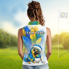 Load image into Gallery viewer, Cute bird hugging golf ball printed on womens sleeveless golf polo shirt, custom name and team, golf outfit.