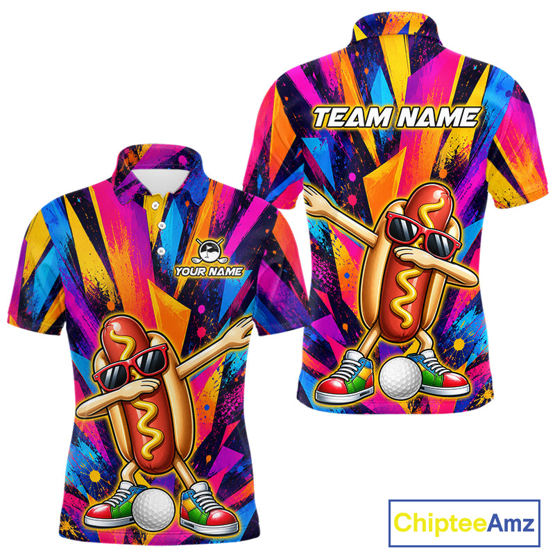 Funny Hot Dog Men Golf Polo Shirt Custom Name, Dab Hotdog Golf Team Polo, Personalized Golf Gift NHT1334