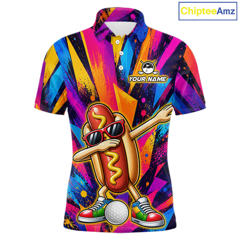 Funny Hot Dog Men Golf Polo Shirt Custom Name, Dab Hotdog Golf Team Polo, Personalized Golf Gift NHT1334