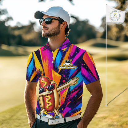 Funny Hot Dog Men Golf Polo Shirt Custom Name, Dab Hotdog Golf Team Polo, Personalized Golf Gift NHT1334