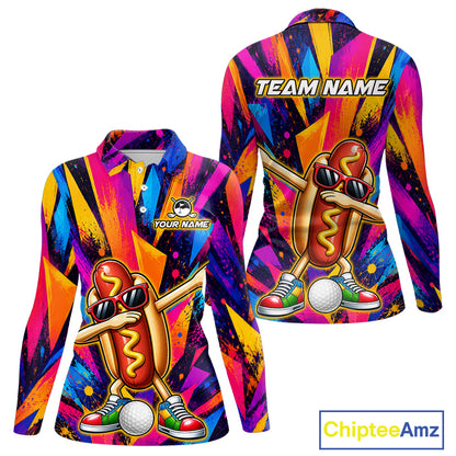 Funny Hot Dog Women Golf Polo Shirt Custom Name, Dab Hotdog Golf Team Polo, Personalized Golf Gift NHT1334