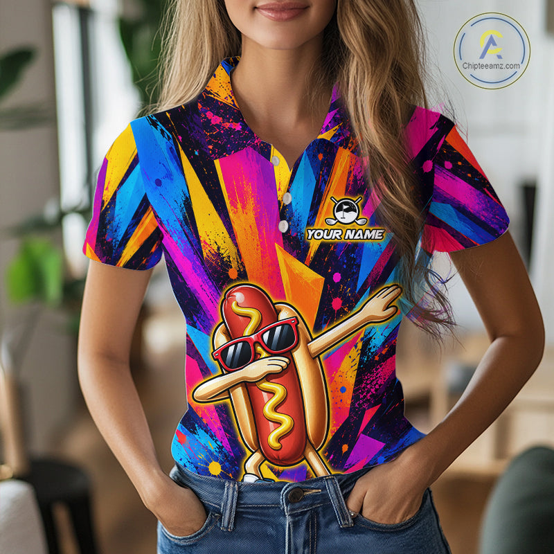 Funny Hot Dog Women Golf Polo Shirt Custom Name, Dab Hotdog Golf Team Polo, Personalized Golf Gift NHT1334