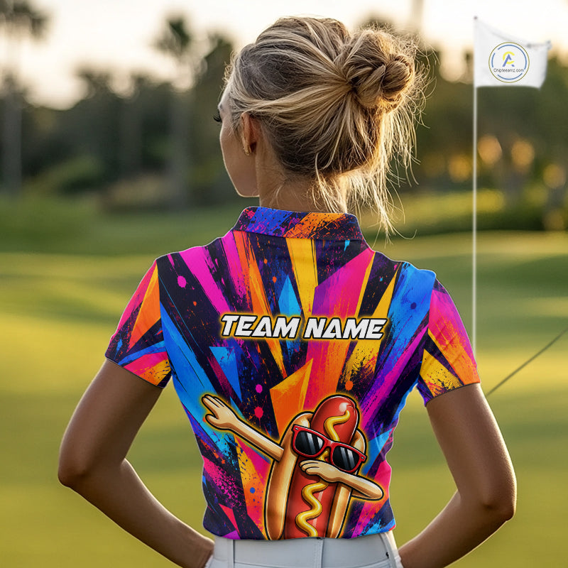 Funny Hot Dog Women Golf Polo Shirt Custom Name, Dab Hotdog Golf Team Polo, Personalized Golf Gift NHT1334