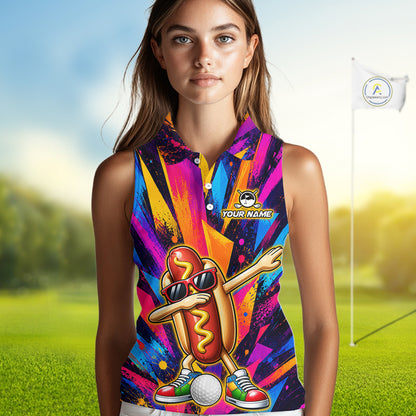 Funny Hot Dog Women Sleeveless Golf Polo Shirt Custom Name, Dab Hotdog Golf Team Polo, Personalized Golf Gift NHT1334
