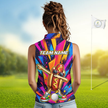 Funny Hot Dog Women Sleeveless Golf Polo Shirt Custom Name, Dab Hotdog Golf Team Polo, Personalized Golf Gift NHT1334