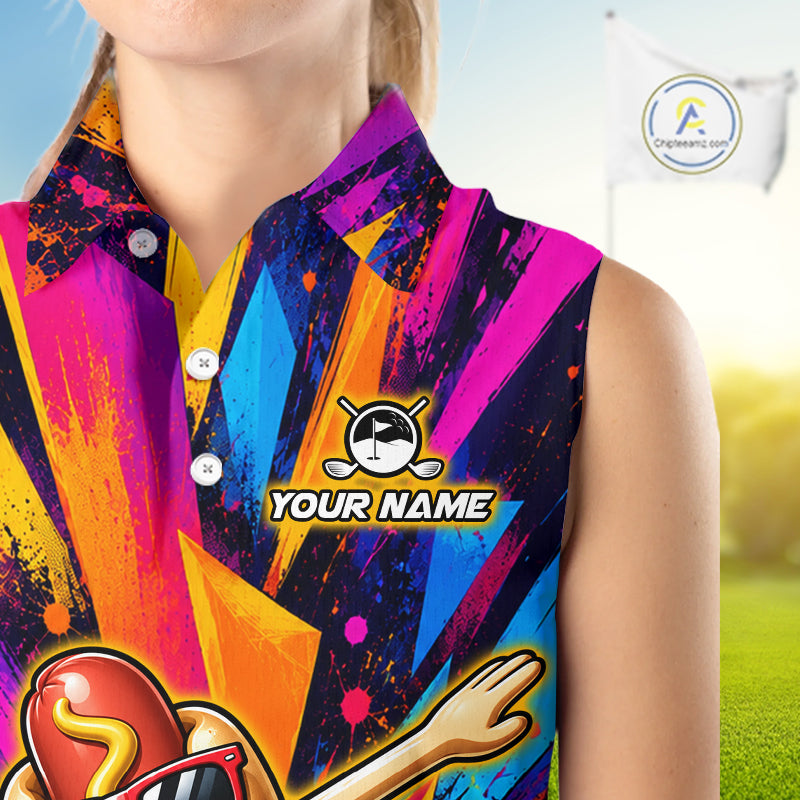 Funny Hot Dog Women Sleeveless Golf Polo Shirt Custom Name, Dab Hotdog Golf Team Polo, Personalized Golf Gift NHT1334