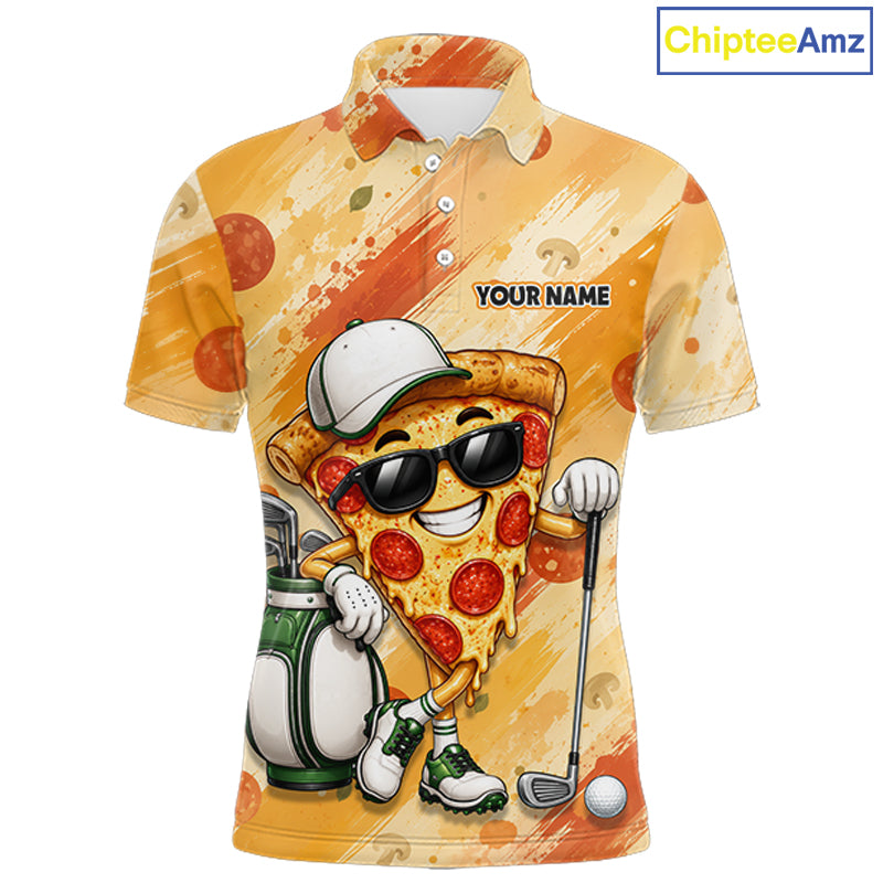 Funny Pizza Men Golf Polo Shirt Custom Name, Personalized Pizza Golfer Team Polo NHT1339