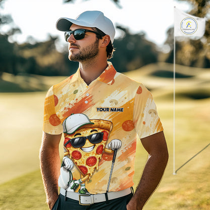 Funny Pizza Men Golf Polo Shirt Custom Name, Personalized Pizza Golfer Team Polo NHT1339