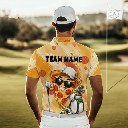Funny Pizza Men Golf Polo Shirt Custom Name, Personalized Pizza Golfer Team Polo NHT1339