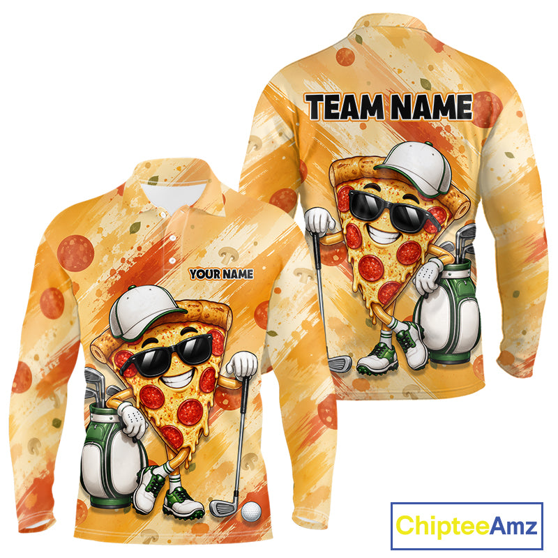 Funny Pizza Men Golf Polo Shirt Custom Name, Personalized Pizza Golfer Team Polo NHT1339