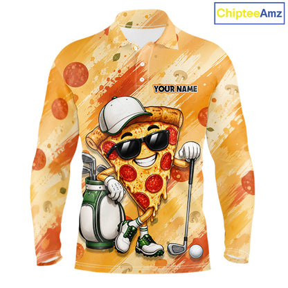 Funny Pizza Men Golf Polo Shirt Custom Name, Personalized Pizza Golfer Team Polo NHT1339