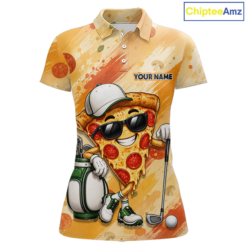 Funny Pizza Women Golf Polo Shirt Custom Name, Personalized Pizza Golfer Team Polo NHT1339