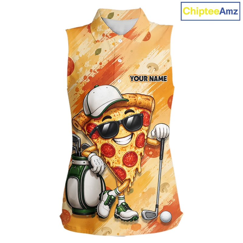 Funny Pizza Women Sleeveless Golf Polo Shirt Custom Name, Personalized Pizza Golfer Team Polo NHT1339