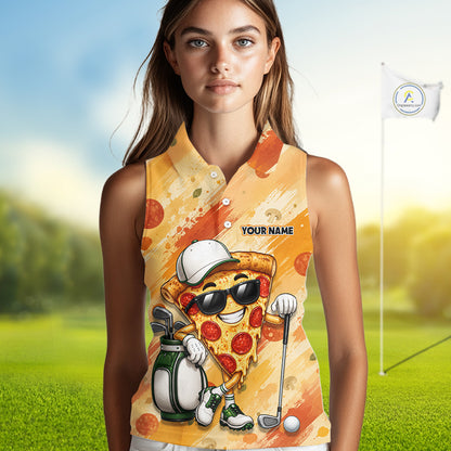 Funny Pizza Women Sleeveless Golf Polo Shirt Custom Name, Personalized Pizza Golfer Team Polo NHT1339