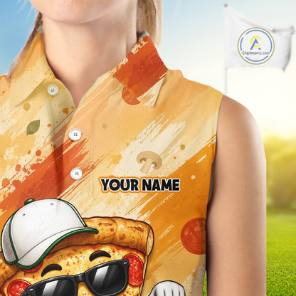 Funny Pizza Women Sleeveless Golf Polo Shirt Custom Name, Personalized Pizza Golfer Team Polo NHT1339