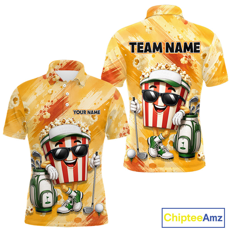 Funny Popcorn Men Golf Polo Shirt Custom Name, Personalized Popcorn Golfer Team Polo NHT1340